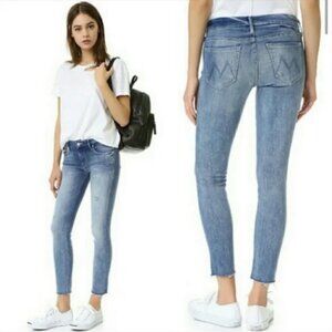 MOTHER JEANS Looker Ankle Fray Jeans Distressed Stretch Raw Hem Double Time 25